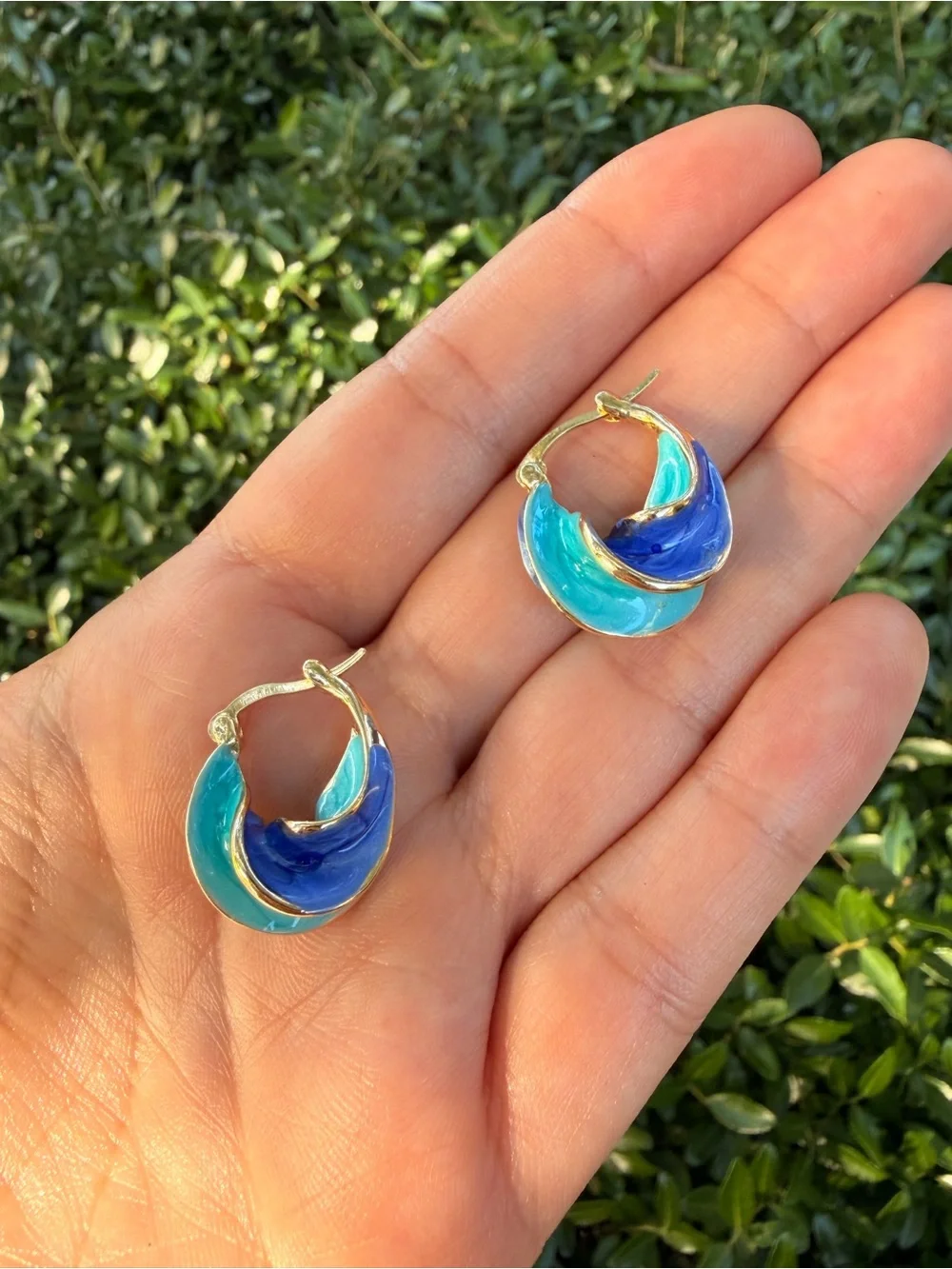 Gold-Tone Hoop Earrings with Blue & Teal Enamel - Picture 2 of 7